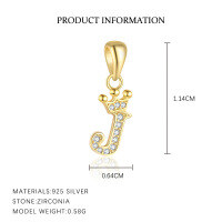 wholesale S925 Sterling Silver, Fashionable And Luxurious Crown Design With Zircon, Diy 26 English Letter Pendant Necklace, Versatile For European And American Styles-Letter J-Single Pendant/Yellow Gold&gt;925 Silver