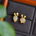 wholesale 925 Silver Gold-Plated Asymmetric Jade Rabbit Earrings with Certificate, Wholesale Versatile Commuter Ancient Style-0-5