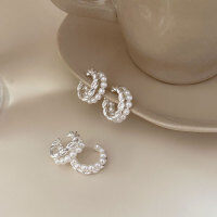 wholesale S925 Sterling Silver Twist Double Layer Pearl Ear Clip for Women, Minimalist and Elegant French Style Ear Cuff for Non-Pierced Ears-Pure silver + Shijia pearls