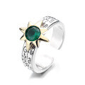 wholesale S925 Sterling Silver Retro Cool Graffiti Sunflower Inlaid Round Gemstone Heart Adjustable Ring-0-4