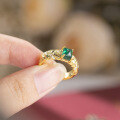 wholesale Pure Silver with Retro Gold Tone Lab-Grown Emerald Sugar Loaf 5*6mm Ring for Women, Popular on Xiaohongshu-0-3