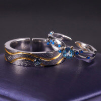 wholesale S925 sterling silver designer-style open-ended couple rings withwave design, inlaid with gemstones and enamel-Swiss Blue Topaz Enamel Ring>Adjustable Opening