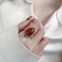 wholesale S925 Sterling Silver Retro Creative Oval Shape Inlaid with Southern Red Agate Ring Trendy Accessory Index Finger Ring-1174JM/approx. 5.8g Adjustable opening