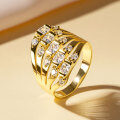 Zircon Geometric Design Three-Row Ring for Women, Light Luxury, Versatile Commuting Style-0-17