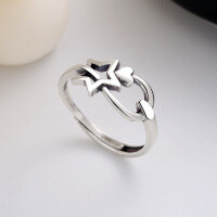 wholesale S925 Sterling Silver Vintage Distressed Creative Five-Pointed Star Ring, Adjustable Open Band, Trendy Ins-Style Gift for Best Friends, Jewelry Accessory-048J/approx. 1.7g Opening adjustable