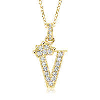 Gold-Plated Copper Crown Zircon Quartz Letter Pendant Necklace-Letter necklace V
