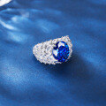 wholesale S925 Sterling Silver Sapphire Ring for Women, Luxurious Halo Oval Center Stone Ring, High Carbon Diamond Wholesale, Ocean Heart-0-1
