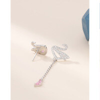 wholesale S925 Sterling Silver Pink Diamond Small Swan Earrings for Women, Fashionable Internet Celebrity Style Asymmetric Diamond-Studded Ear Accessories with a High-End Feel-Platinum earrings with plastic earplugs 925 silver