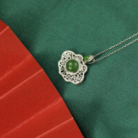 wholesale [925 Sterling Silver] With certificate, Hetian jade pendant, retro Chinese-style silver-inlaid jade costume Hanfu accessory, Ruyi longevity lock necklace-Silver single pendant without chain