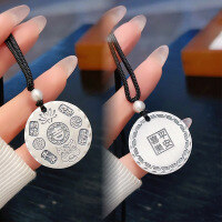 wholesale 999 Silver Awakening Lion Auspicious Words Necklace Unisex Peace and Joy Round Pendant Solid Silver Ethnic Style Pendant-Lucky Words Pendant (with black string)  Pure Silver