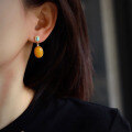 wholesale S925 Sterling Silver Vintage Natural Old Wax Green Turquoise Earrings with Pure Natural Full Honey Chicken Oil Yellow Old Amber Earrings-0-3