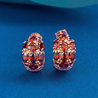 wholesale S925 silver with three rows of full pave pomegranate red ear studs, European and American vintage personalized design earrings-E637 Rose Gold Garnet Diamond > 925 Silver
