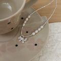 wholesale S925 Sterling Silver Natural Baroque Pearl Bow Necklace for Women, Korean Internet Celebrity Hit High-End Collarbone Chain-0-3