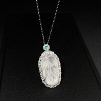 wholesale S925 Sterling Silver New Chinese Style Hit Natural High Ice White Agate Malaya Material Leaf Pendant Necklace Collarbone Chain for Women-White Chalcedony-XL251>925 Silver