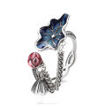 wholesale S925 Sterling Silver Retro Resin Enamel Lotus Leaf Chain Tassel Pendant Ethnic Style Versatile Open Ring-0-4