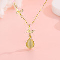 wholesale 925 Silver Exquisite Waterdrop Yellow Chalcedony Necklace for Women, Ins Style Gentle High-End Elegant Butterfly Collarbone Chain-0-0