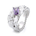 wholesale S925 Sterling Silver Irregular Pleated Square Purple Zirconia Chain Open Ring Light Luxury Style-0-4