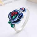 wholesale S925 sterling silver retro matte ethnic style resin color-mixed rose open ring elegant finger ring-0-0