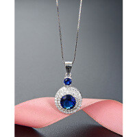 wholesale 925 Sterling Silver Super Sparkling Blue Sapphire Necklace Collarbone Chain Women Small Luxury Advanced Blue Crystal Zircon Round Pendant-Blue diamond pendant 005099 + 08 box chain 40cm + 5cm extension white gold L047 &gt; 925 silver