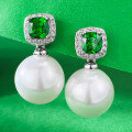 wholesale S925 Sterling Silver New Simulated Emerald Pearl Ear Studs Earrings, Small and Exquisite Style-0-1
