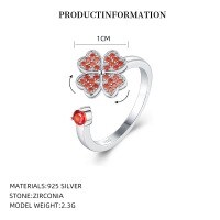 wholesale S925 Sterling Silver Four-leaf Clover Open Adjustable Ring With Rotating Colorful Zircon For Women-K2299_Platinum-plated_Dark orange Open port code 13#