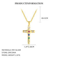 wholesale S925 Sterling Silver Dopamine Color Zircon Cross Necklace For Women,-A4207_Colored zirconium_18K yellow plating_Swimming paint_S999 925 silver