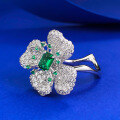 wholesale 925 Silver Four-Leaf Clover Petal 4*6mm Green Zircon Ring for Women, Elegant and Stylish Fashion Ring-0-1