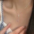 wholesale S925 Sterling Silver Inlaid Cross Tassel Pendant Necklace for Women, Fashionable, Unique, Retro, Versatile Collarbone Chain, Korean Style Trendy-0-1