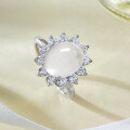wholesale S925 Sterling Silver French Light Luxury Sunflower Water Jade 8*10 Ring, New Chinese Style Cabochon Ring-0-3