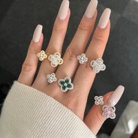 wholesale S925 silver Korean-style new open ring for women with double clover design and zircon inlay in dopamine color palette-DY120981-SW-WG>Opening adjustable
