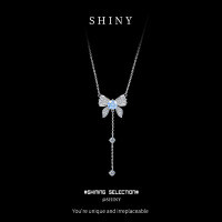 Sterling Silver Necklace with Moissanite, Fringe Bow Pendant, Summer Layering Collarbone Chain-S925 sterling silver + 50 points royal blue moissanite