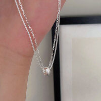 wholesale S925 Sterling Silver Minimalist Double-layer Stacking Niche Lucky Bead Necklace for Women, Understated Personalized Collarbone Chain-Pure silver (40+5CM)