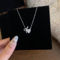wholesale S925 Sterling Silver Bow Heart Zircon Necklace Japanese Minimalist Niche Luxury Elegant Sweet Girly Collarbone Chain-0-1
