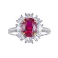 wholesale S925 silver retro oval pigeon egg-shaped simulated 2-carat gemstone red sunflower diamond ring for women-0-4