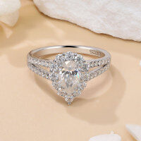 wholesale 18K Gold Plated S925 Sterling Silver 1-Carat Pear-Shaped Moissanite Ring for Women, Full Moissanite Diamond Ring-Platinum US size 8