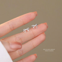 wholesale S925 Sterling Silver Bow Earrings For Women, Korean Style Minimalist, Versatile, Fashionable, Sweet, Matte Finish Ear Wholesale-Silver/plain 925 silver