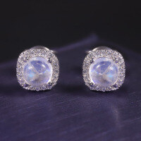 wholesale S925 Sterling Silver Alloy High-End Natural Blue Moonstone Stud Earrings for Women, Round Gemstone Earrings Wholesale-Natural moonstone earrings