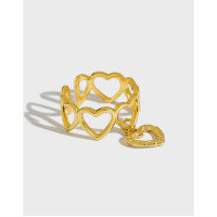 wholesale S925 Sterling Silver Adjustable Heart-Shaped Ring, Hollow Design, Ins, for Women-K Gold [No. 12/Adjustable] Opening adjustable