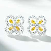 S925 Silver Zirconia Four-Leaf Clover Stud Earrings, High-Carbon Diamond, Ins Style-Yellow Diamond - ED003  925 Silver