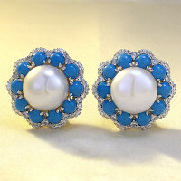 wholesale [925 Solid Silver Blue Turquoise Inlaid 12mm Pearl Ear Studs Fashion Elegant Ear Clips for Women, Zhuo Zhifan New]-E339 Blue Turquoise Pearl Earrings 925 Silver