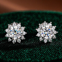S925 Silver Sunflower Earrings with Moissanite, Simple Bridal Gifts-50 points (empty)  925 silver