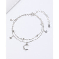 wholesale 925 Sterling Silver Double Layer Star Moon Bracelet for Women, Ins Sweet Fresh and Minimalist Niche Design, Best Friend Luxury High-End Feeling Hand Accessory-Star and Moon Bracelet Platinum &gt;925 Silver