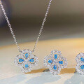 wholesale S925 Sterling Silver Four-Leaf Clover Full Diamond Earrings Women's Blue Aquamarine Blue Diamond HW Earrings-0-2