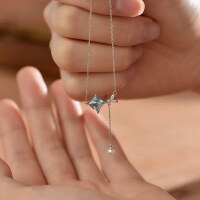 wholesale S925 Sterling Silver Rhombus Bow Necklace for Women, Light Luxury Blue Gemstone Collarbone Chain, Simple Pearl Tassel Pendant-Copper platinum