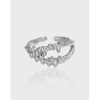 wholesale S925 Sterling Silver JF618 Korean Minimalist Asymmetric Openwork Textured Open Ring for Women-Platinum [No. 15/Adjustable] Opening adjustable