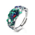 wholesale S925 Sterling Silver Retro Guochao Drip Glaze Peony Lotus Koi Fish Ring Ethnic Vintage Style Ring-0-4
