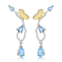 wholesale S925 Sterling Silver Secret Garden Designer Butterfly Earrings, Natural Style with Genuine Topaz-Swiss Blue Topaz Earrings