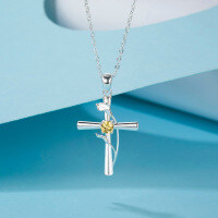 S925 Silver Cross Pendant with Pink Diamond and Sapphire Wholesale-【Floral Cross】November Yellow (Calla Lily) Copper  925 Silver