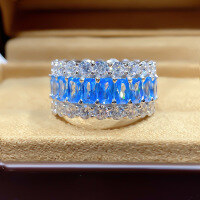 wholesale 925 Sterling Silver, MuJing New Jewelry, European and American Style Simulated Diamond Aquamarine Zirconia Eternity Ring for Women, Trendy Ins Style-Aquamarine No. 8