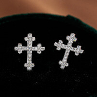 Sterling Silver Full-Diamond Moissanite Cross Earrings, Women's-Inlaid with moissanite  925 silver